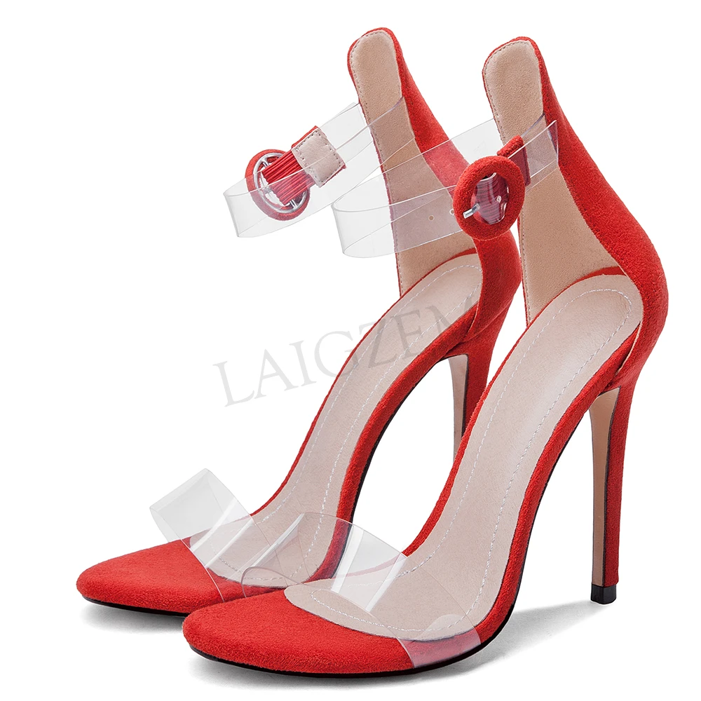 

LAIGZEM FASHION Women Sandals 7.5CM/11.5CM Transparent PVC Ankle Straps Faux Suede Heels Sandalias Muje Shoes Big Size 34-46