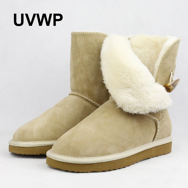 

UVWP Brand New Arrive Real Cow Leather Winter Boots High Quality Fashion Women Snow Boots Thick Plush Warm Boots Women Shoes