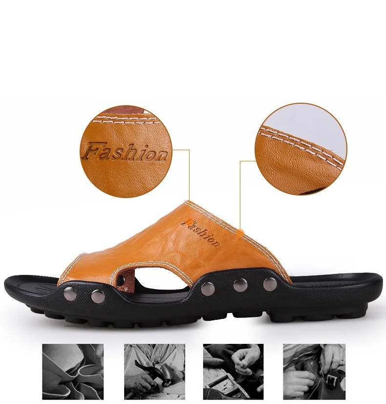 2018 New Men Genuine Leather Holiday Beach Shoes Flip Flops Men's Casual Flat Shoes Sandals Summer Slippers For Men (2)