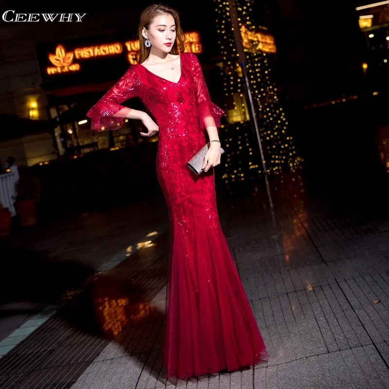 Красное вечернее платье CEEWHY с V образным вырезом элегантное длинным рукавом