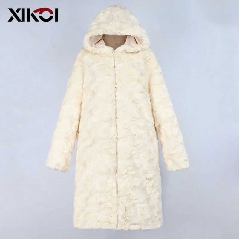 XIKOI зимнее женское пальто с капюшоном из искусственного меха модное женское длинное плотное теплое пальто с длинными рукавами Свободное пальто размера плюс