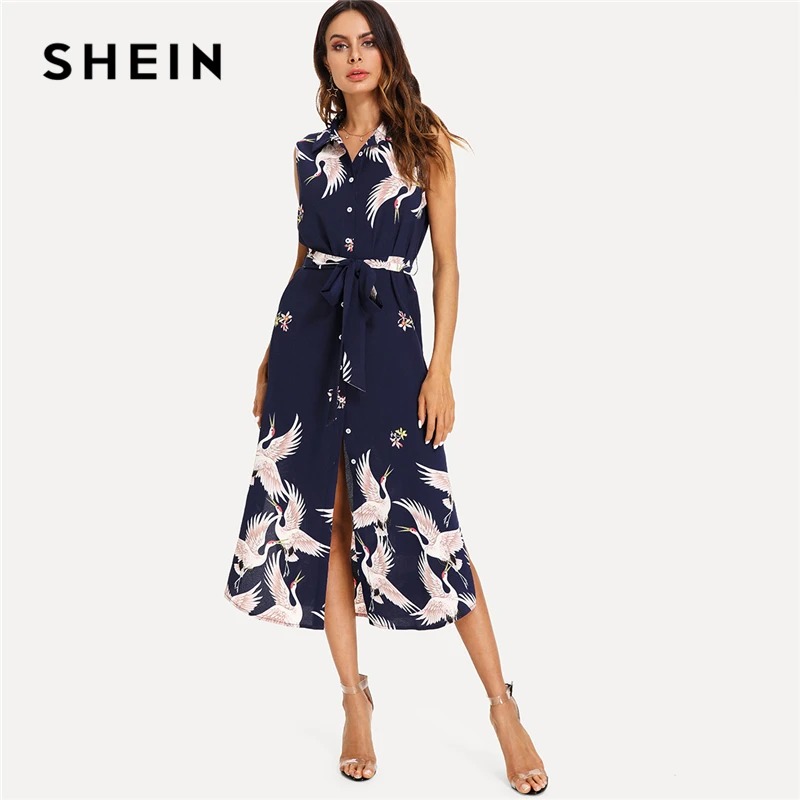 SHEIN Multicolor Vacation Boho Bohemian Beach Crane Print Button Up