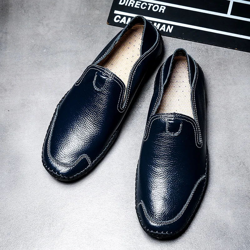 2018 Cuero Conducción Los Zapatos Negro Tamaño blanco azul Casuales Primera Guisantes De Verano Perezosos marrón Gran Hombres Tendencia Capa 7Frx7SO