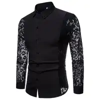 Fashion Lace Sleeve Design Men Party Shirt Autumn New Slim Fit Tuxedo Shirts Long Sleeve Dress Shirt Male Black/White XXL