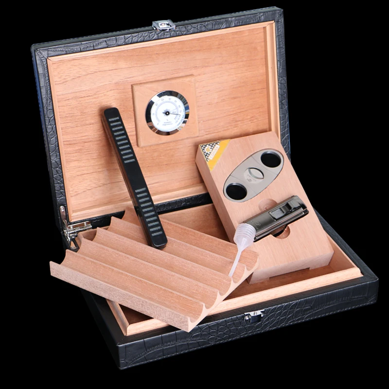 High Quality cigar box portable suit scissors lighter humidifier set Cigar Humidor Storage Box