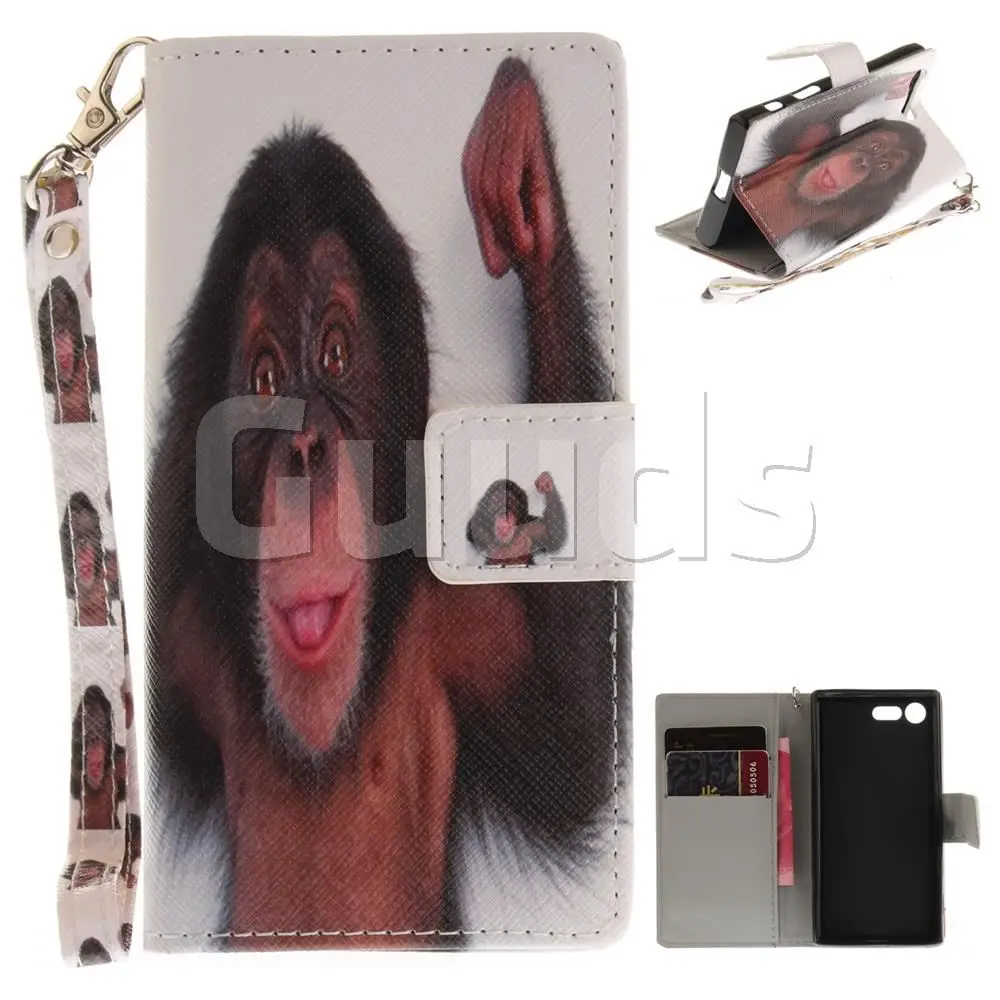 Cute Monkey Hand Strap Leather Wallet Case for Sony Xperia X Compact X Mini