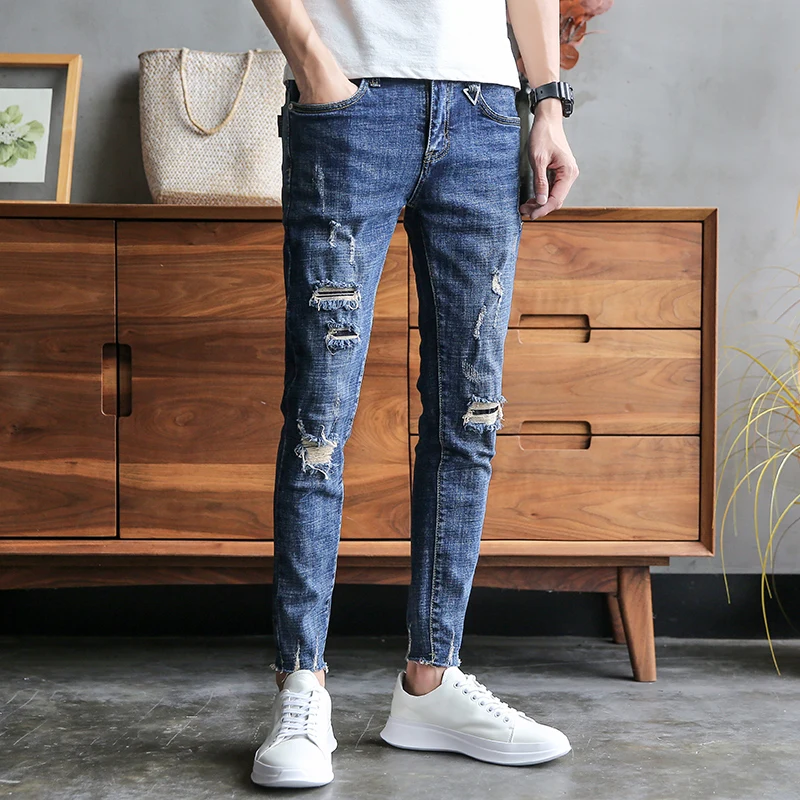

Brand Designer Summer Casual Jeans Men Fashion 2019 Denim Men Ripped Jeans Slim Fit Hip Hop Hole Men's Jeans Pants Streetwear 34