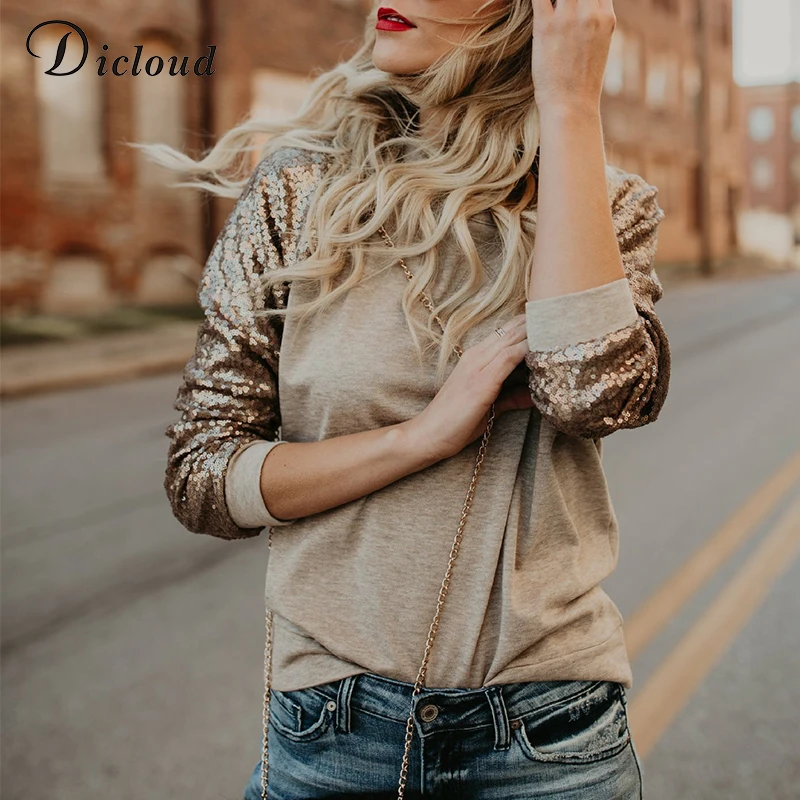

Dicloud sequined long sleeve sweatshirts women stitch autumn pullover casual loose top streetwear winter women's clothing 2019