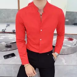 Мужская рубашка с воротником-стойкой, новинка 2018, осенняя Однотонная рубашка с китайским воротником, мужская рубашка с длинным рукавом и