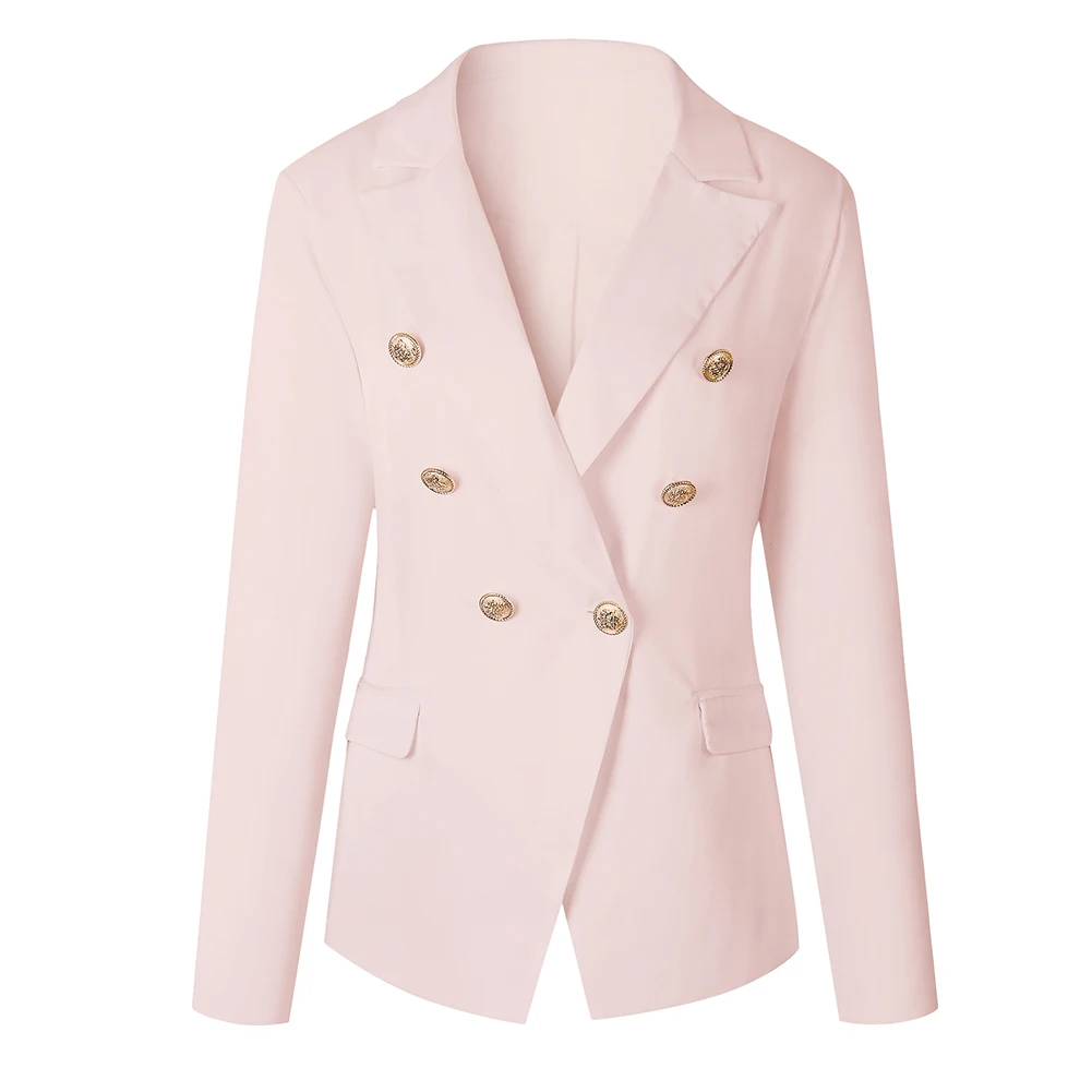 SANWOOD Work Office Lady Solid Color Lapel Long Sleeve Double Breasted Pocket Women's Spring Autumn Slim Fit Suit Blazers - Color: Pink