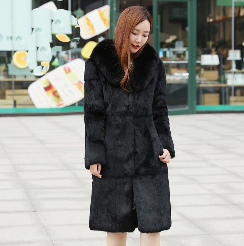 

2018 New Luxury 100% Genuine Rabbit Fur Coat With Fox Fur Collar Warm Winter For Women Hooded Natural Customize Plus Size