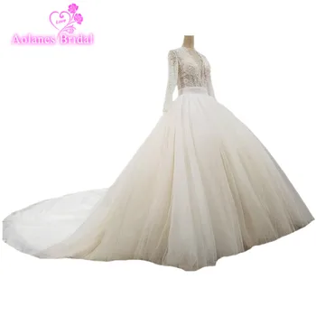 

New High-end Wedding Dress Luxury Long Sleeved Deep V-neck Lace Beading Wedding Party Dresses Custom Made 2018 Wedding Dresses