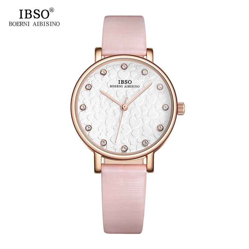 

IBSO Women Watches 2018 3D Heart-shaped Pattern Dial Ladies Watch Genuine Leather Strap Pink Quartz Watch Women Montre Femme