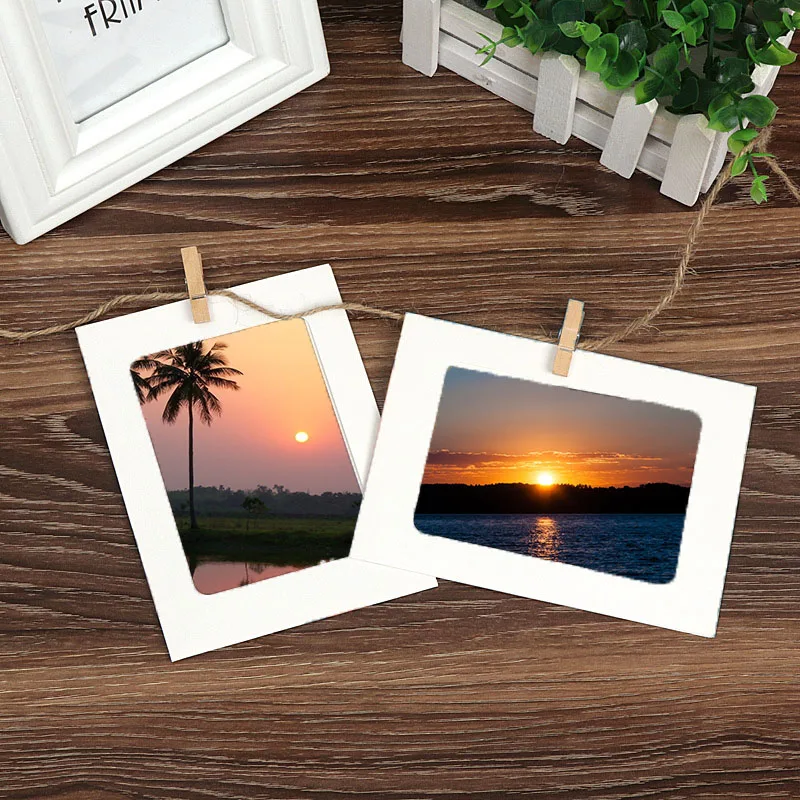 10pcs Home 6 Inch Rectangle Paper Photo Frame with Wood Clips Wall Picture Album DIY Hanging Rope Picture Frame Home Decor