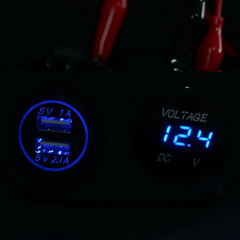 DC 12 V-24 V светодиодный цифровой вольтметр+ Dual USB Мощность гнездо Панель 2.1A/1A USB Зарядное устройство для автомобилей Boat Rv мотоцикл зеленый синий и красный цвета - Цвет: Синий