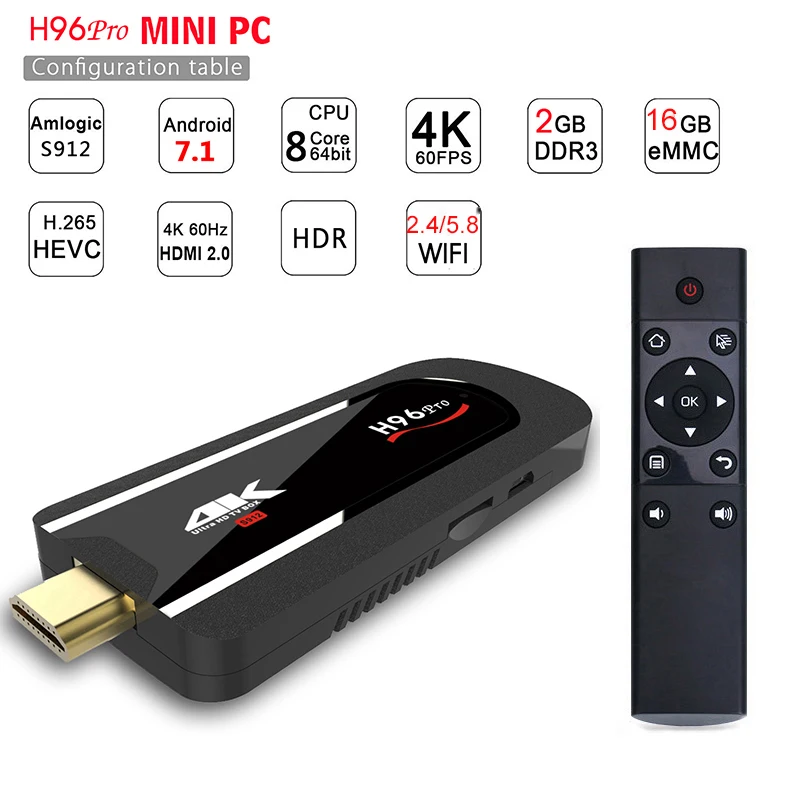 H96 Pro Amlogic S912 Восьмиядерный ТВ-Накопитель Android 7,1 2 Гб 16 Гб HDMI Wifi 2,4G 5,8G Miracast tv Dongle 4K 1080P HD Netflix мини-ПК