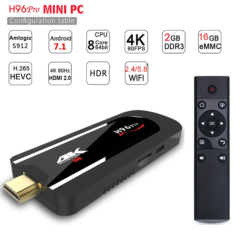 

H96 Pro Amlogic S912 Octa Core TV Stick Android 7.1 2GB 16GB HDMI Wifi 2.4G 5.8G Miracast TV Dongle 4K 1080P HD Netflix Mini PC