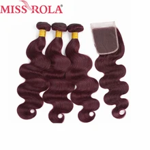 Miss Rola Hair Pre colord Malaysian Body Wave Hair Weaving 3 Bundles With Closure 99J Color