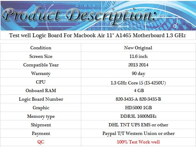 Логическая плата test well для Macbook Air 1" A1465 материнская плата 1,3 ГГц Core i5(I5-4250U) 4 Гб 2013 год 820-3435-B 820-3435-A