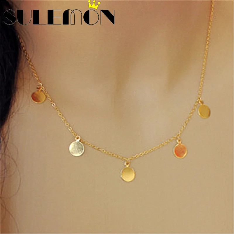 

Gold Color Disc Necklace Charm Necklace Sequin Pendant Chain Bridal Fashion Silver Color Jewelry For Women Bridesmaid Necklaces