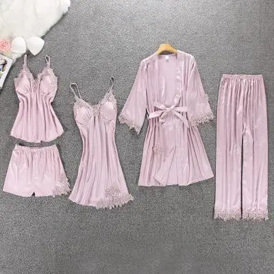 Новинка года для женщин пижамы 5 шт. атлас Pijama Шелковый Домашняя одежда дома костюмы вышивка Пижама с кружевом Пижама с груди Pad - Цвет: 4.0411.1