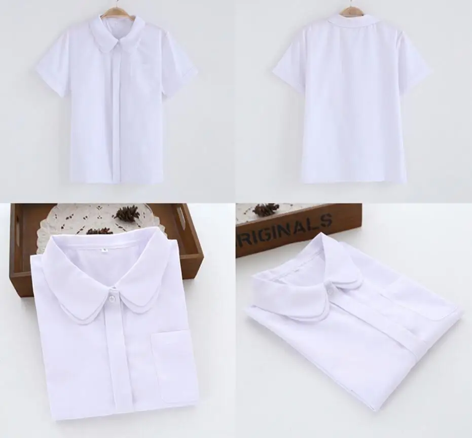 JK Униформа двойной маленький круглый вырез топ с коротким рукавом рубашка клетчатая плиссированная юбка блузка лук набор