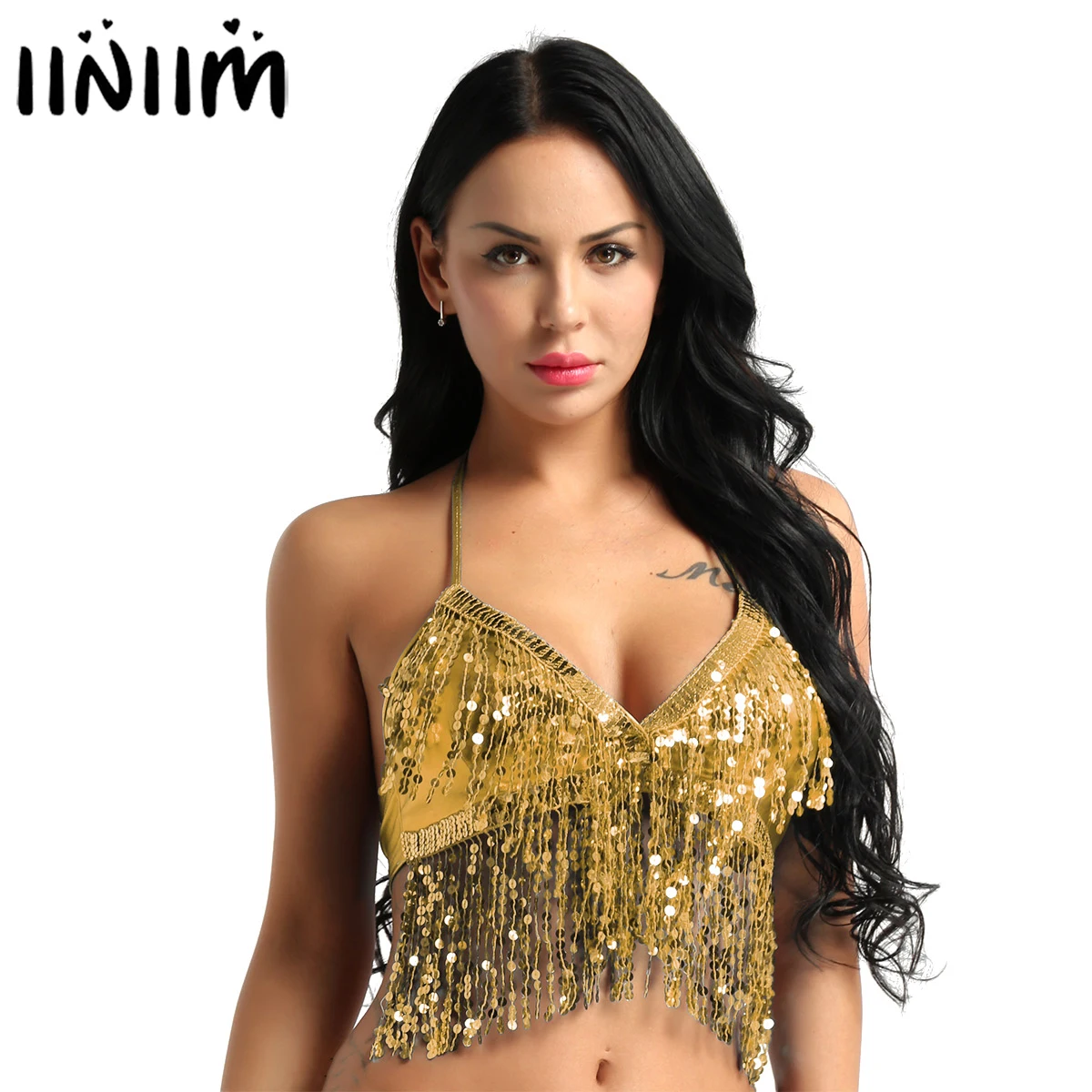 

Womens Lady Fashion Wetlook Tutu Dancewear Back Tie Up Latin Belly Dancer Cocktail Bra Top with Sequins Tassel Party Clubwear