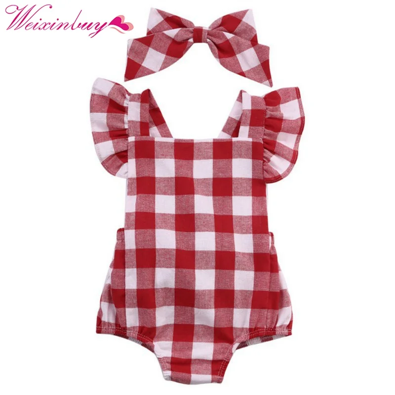 2017 Fashion Red an White Gird Romper Newborn Infant Clothing Girls Cotton Ruffle Sleeve Romper Jumpsuit+ Headger 0-18M 2017 Fashion Red an White Gird Romper Newborn Infant Clothing Girls Cotton Ruffle Sleeve Romper Jumpsuit+ Headger 0-18M