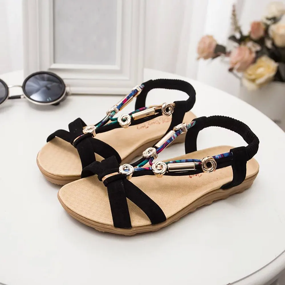 

Womens Weges Bohemia Beach Ladies T-tied Sandals Elastic Flatform Toe Women Girls Ankle Strap Shoes Plus Size Sliders Shoes 6.78