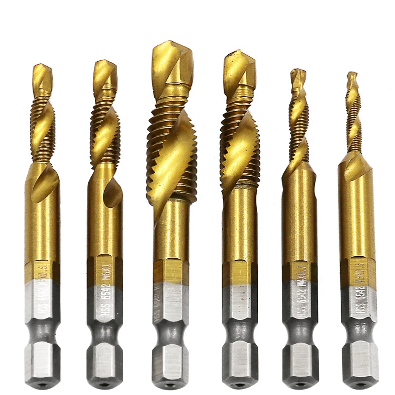 

6pcs Hex Shank Hand Drill Bits Titanium Tap HSS Screw Spiral Point Thread Metric Plug Drill M3 M4 M5 M6 M8 M10 Fit Metal Steel