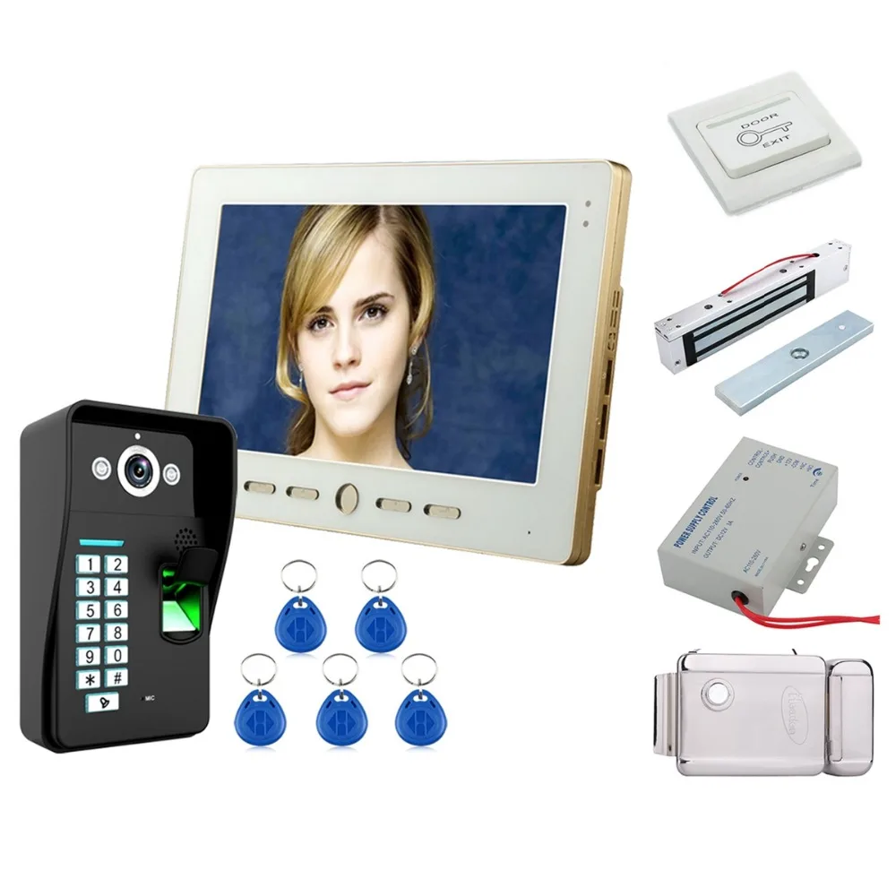 

Home Security 10" Lcd Fingerprint Recognition RFID Password Video Door Phone Intercom System kit With Electronic locks Set