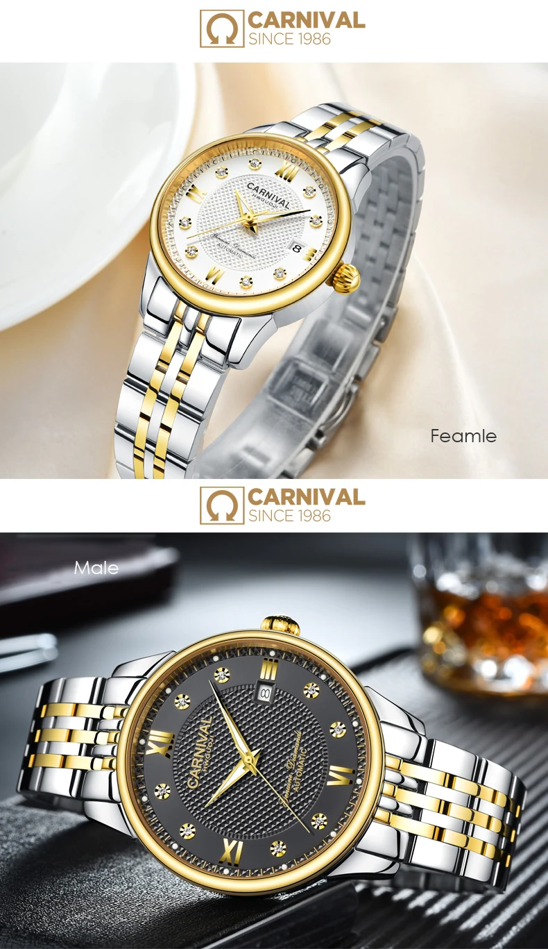 Carnival Classic влюбленных механические часы topbrand роскошные световой Водонепроницаемый сапфир синтетический Сталь пара Relogio