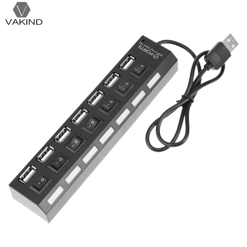 

7 Port USB 2.0 Hub Multi Ports USB2.0 Splitter Extension with Independent On-off Switch LED Indicator Light for Laptop Notebook
