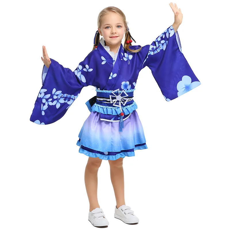 Kid-blue Кимоно Юбка для детей; аниме; Косплей; платье с цветочным принтом; костюм для девочек; модный костюм; Лолита; маскарадный элегантный наряд на Хэллоуин - Цвет: Kid-blue