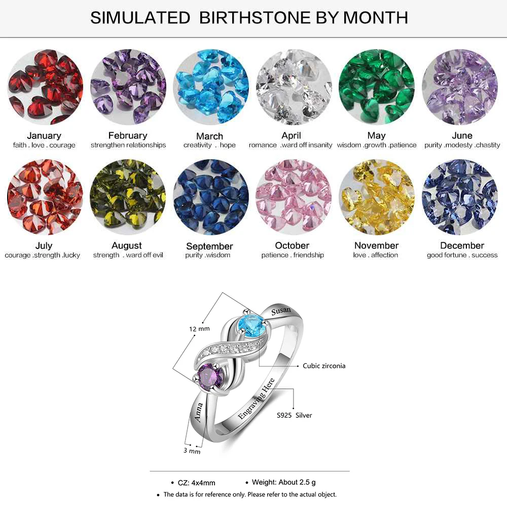 Infinity Love Promise Rings Personalized Birthstone Engrave 2 Names 925 Sterling Silver Jewelry Gift For Her (JewelOra RI103265)