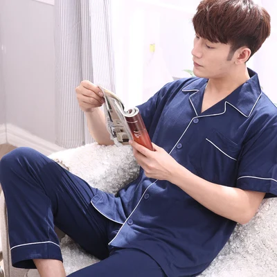 

2019 Summer Men's Pajamas Sleepwear Short Sleeve Long Pants Solid Color Pijama Loose Cardigans Male Home Wear Simple Nightwear