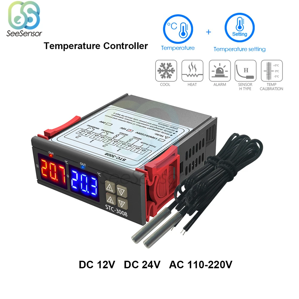 Ceny Podwójny cyfrowy regulator temperatury dwa wyjście przekaźnikowe termostat termoregulator 10A ogrzewanie chłodzenie STC 3008 12V 24V 220V