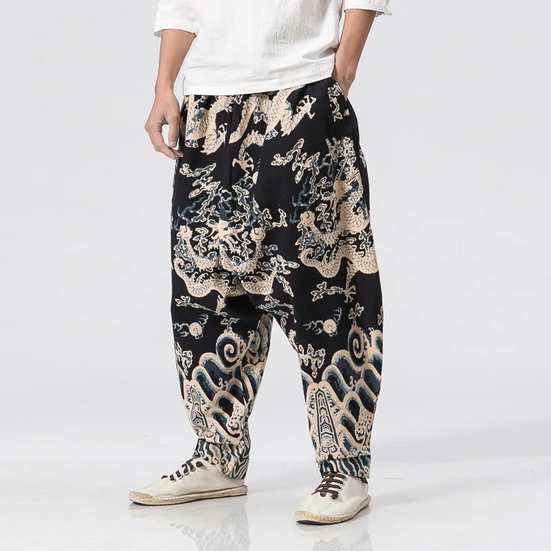 

Chinese Dragon Pattern Printed Cotton Trousers Nepal Loose Linen Pants Men Soft Natural Flax Pants Elastic Waist Comfortable
