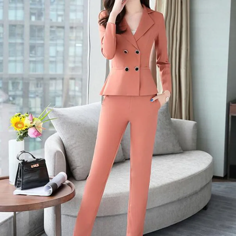 28.1      98       Customized new fashion women's women's double-breasted solid color slim suit two-piece (jacket + pants) women's business suits