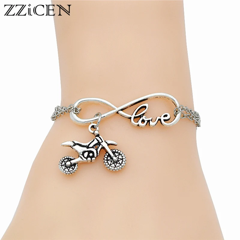 

New Chic Punk Sports Motocross Accessories Antique Silver Motorcycle Dirt Bike Pendant Infinity Love Charm Metal Chain Bracelets