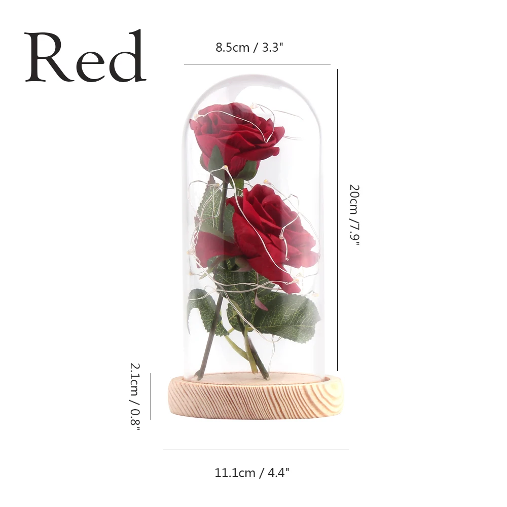 Красавица и Чудовище красная роза в стеклянном куполе на деревянной основе для подарков Святого Валентина светодиодный лампы с розами Рождество с 2 шт. Роза