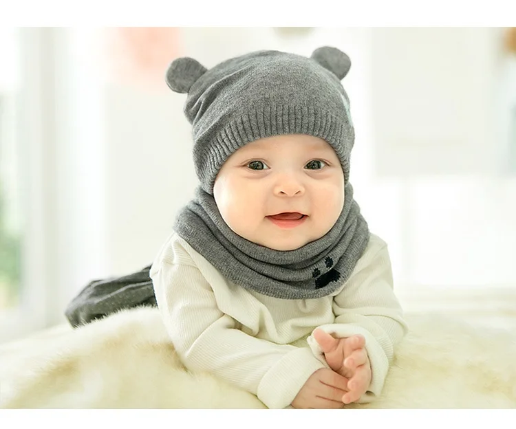 2 шт./компл. модные шапки для новорожденных вязаная теплая медведь круглый машина Кепки защищает шапка с ушками для малышей Зимние Кепки s+ наборы с шарфом
