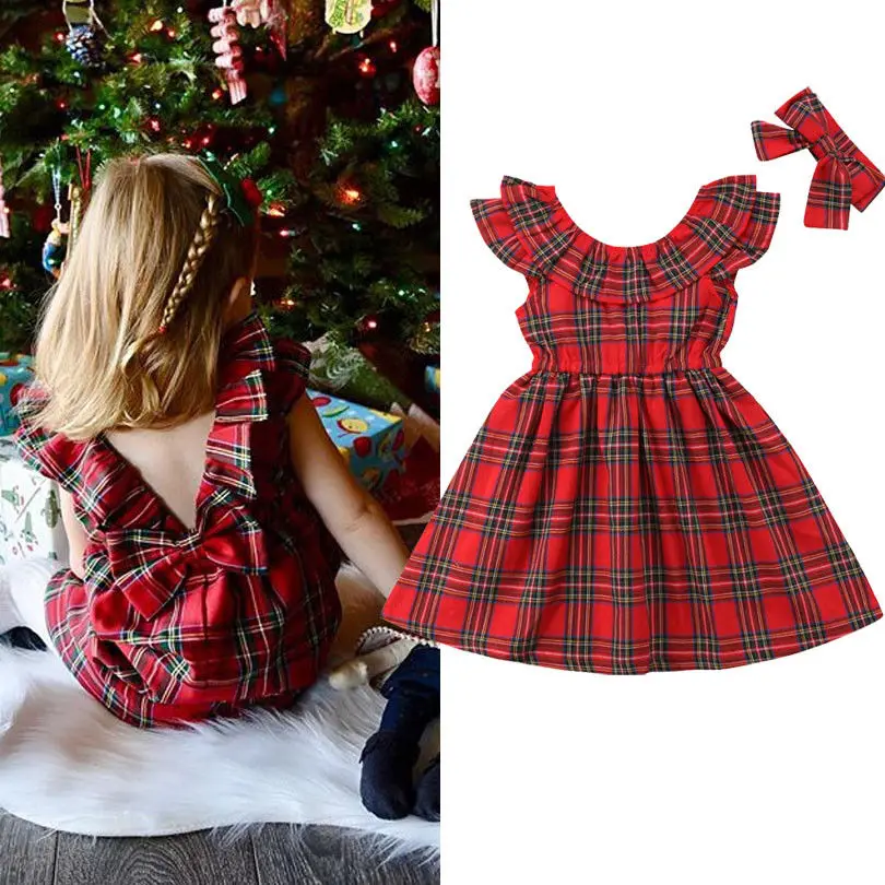 

2018 New Brand Baby Girls Kids Plaid Princess Christmas Pageant Party Backless Bowknot Dresses +Headwear Clothes Sundress