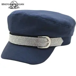 2019 новые зимние женские шапки, гладкая шляпа, одноцветная кепка газетчика, женские армейские кепки, супер Сияющий бриллиант, пряжка на ремне