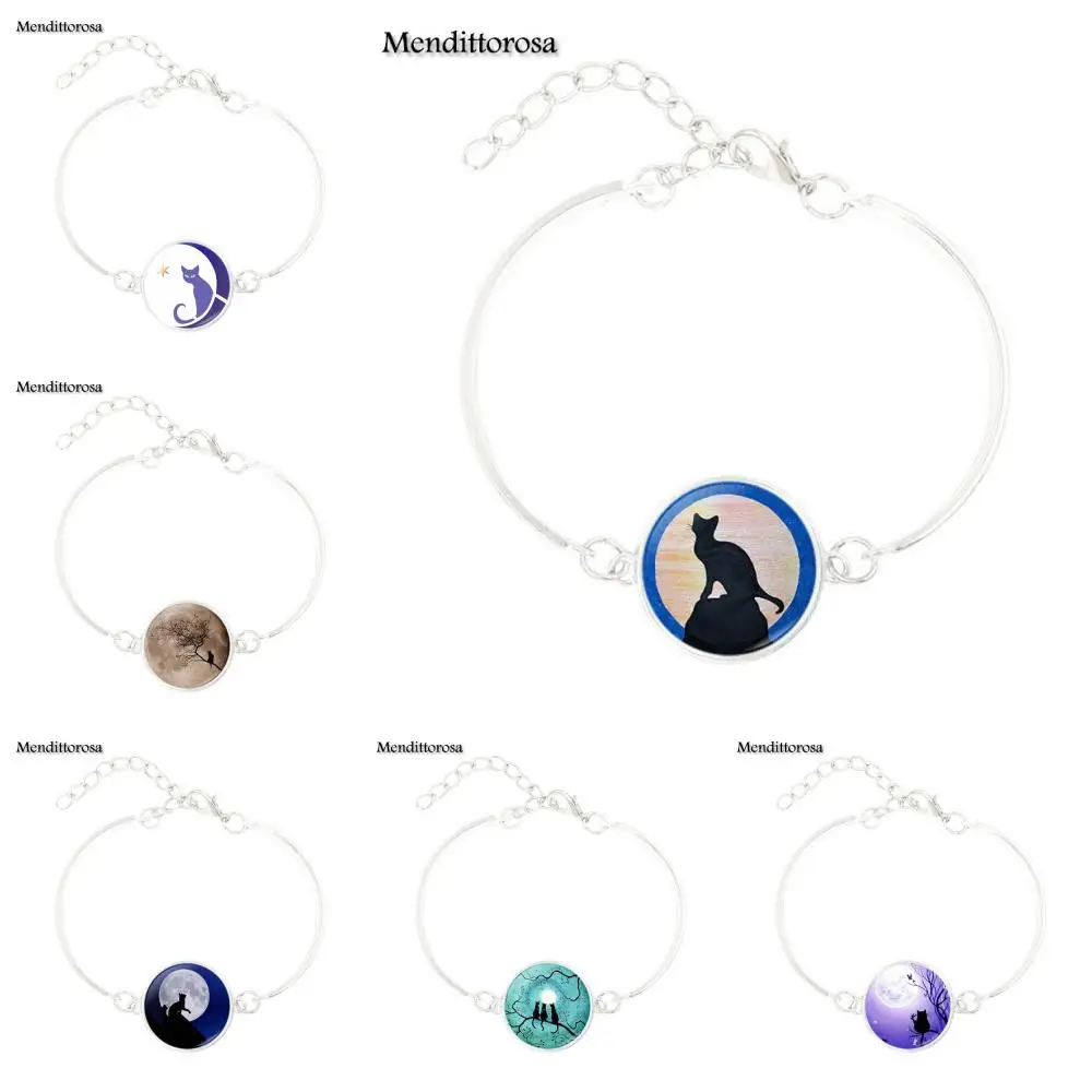 Mendittorosa Blue Moon And Cat Fashion Multi Designs Glass Cabochon Ball Chain Bracelet Bangle Jewelry Gifts