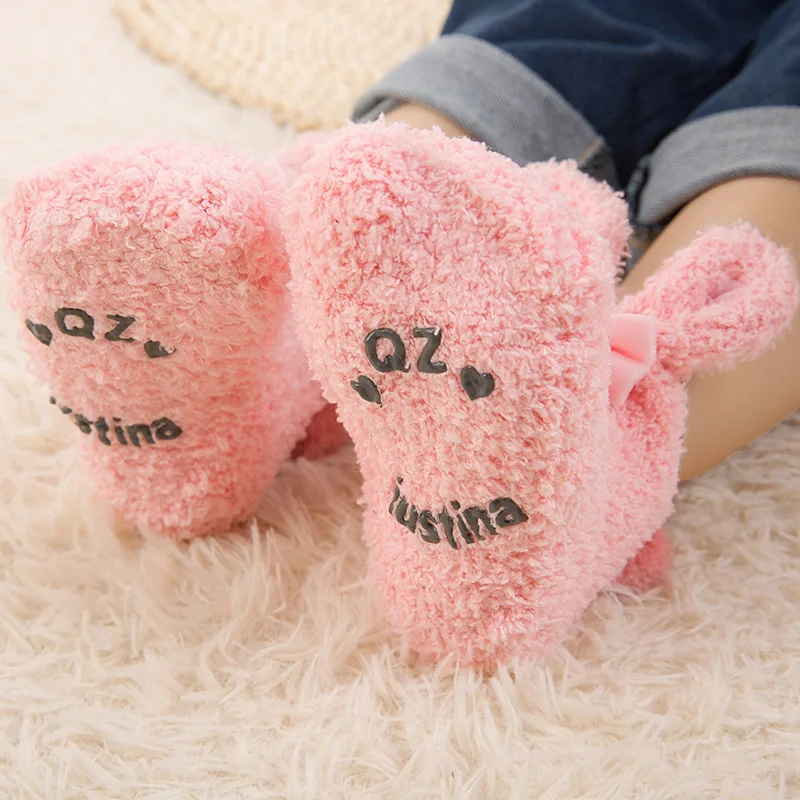 SLKMSWMDJ/осенне-зимние Бархатные носки кораллового цвета для малышей, плотные детские Нескользящие носки-тапочки с объемным милым кроликом