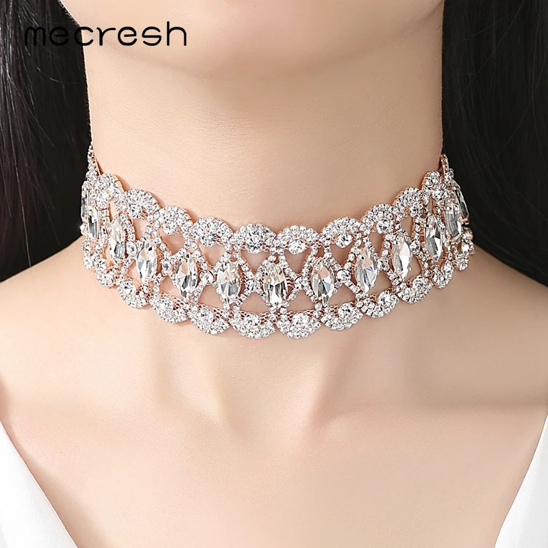 Mecresh Gota de Água Strass Gargantilha Collares Colar para As Mulheres Cor de Rosa de Ouro de Cristal Chocker 2017 Jóia Do Casamento MXL119