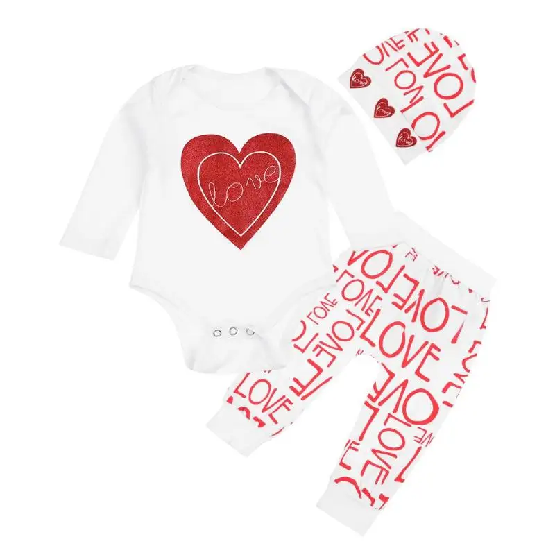 

3pcs/Set Spring Infants Baby Long Sleeve Heart Print Romper Pants Hat Suit