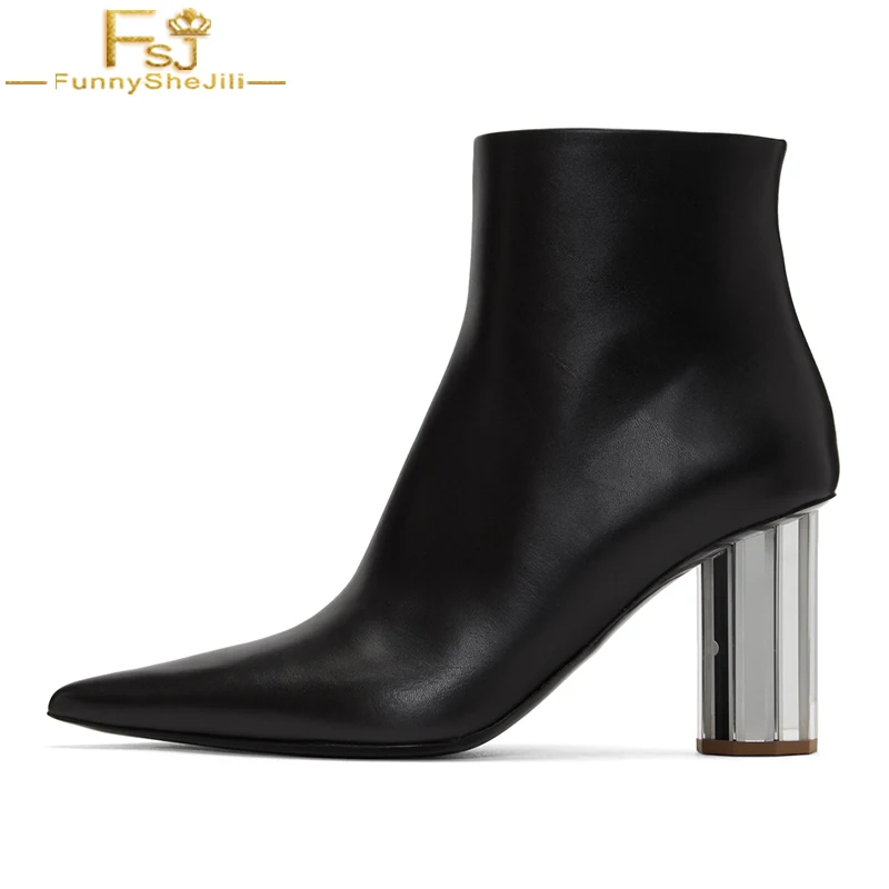 

FSJ Fashion Womens Sliver High Round Heels Luxury Band Mid Calf Boots Pointed Toe Dress Leather Autumn Booties Casual Woman 4-16