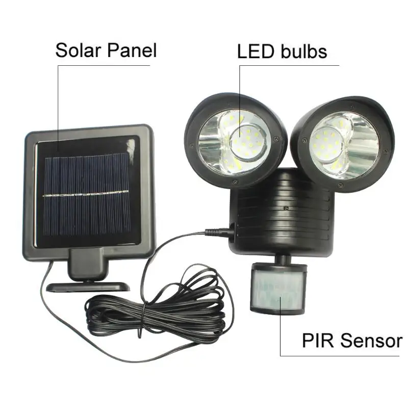 22 светодиодный солнечный PIR датчик движения Rotable две головки водонепроницаемый светильник для садовых и комнатных растений, настенный